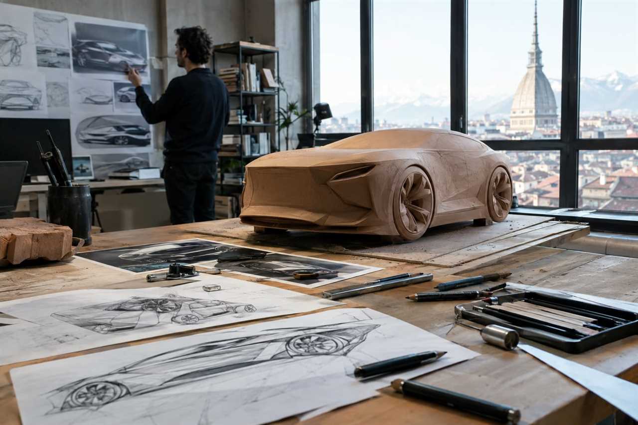 Design studio with clay model and concept sketches
