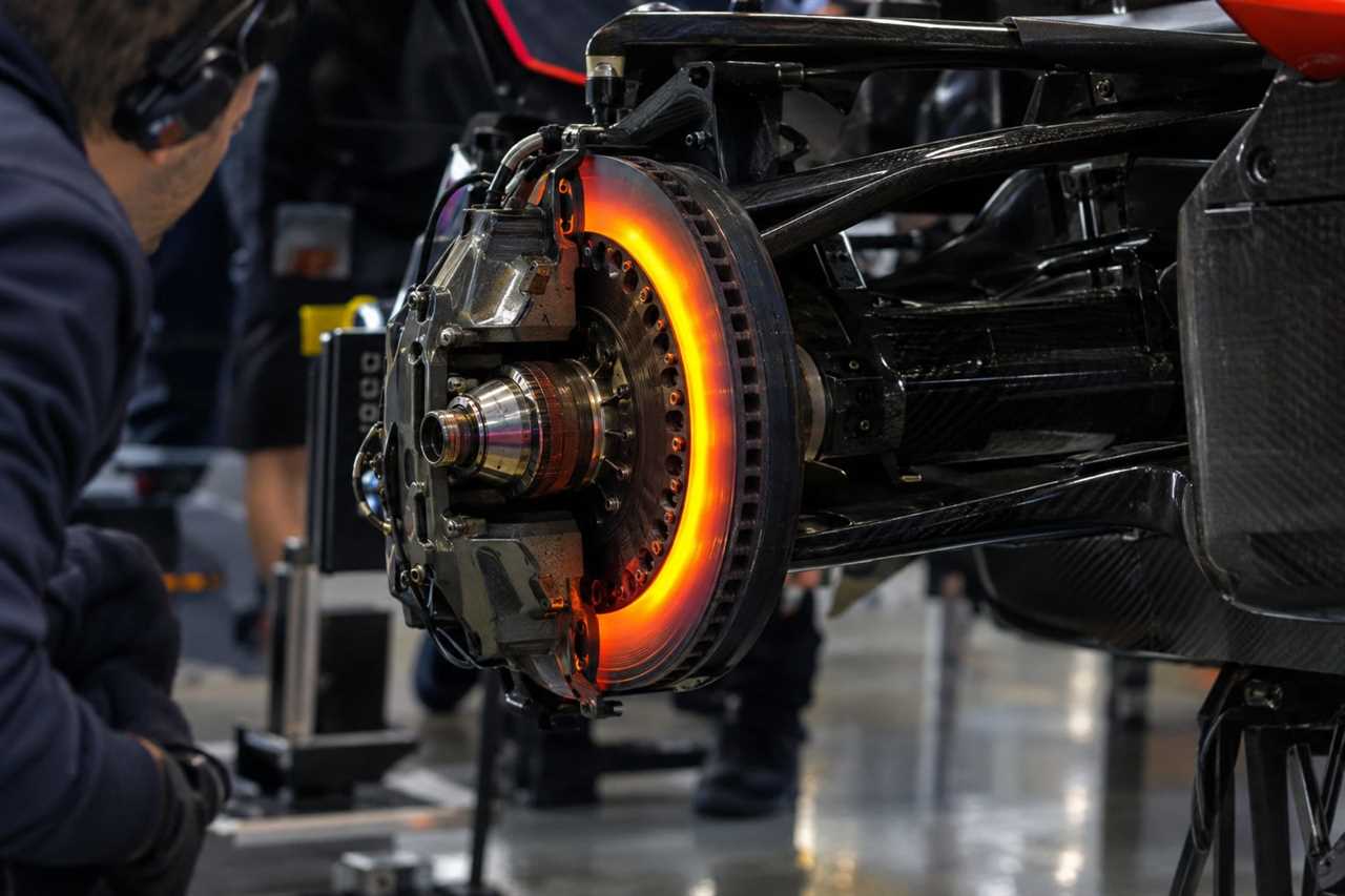 Brake components examined after suspected hydraulic failure.