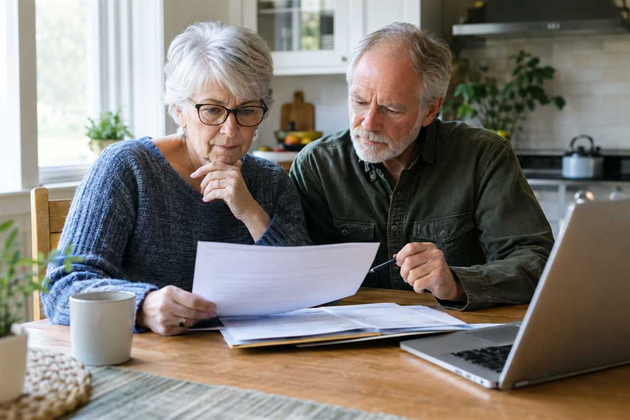 Retirees reviewing pension plans funded by corporate contributions.