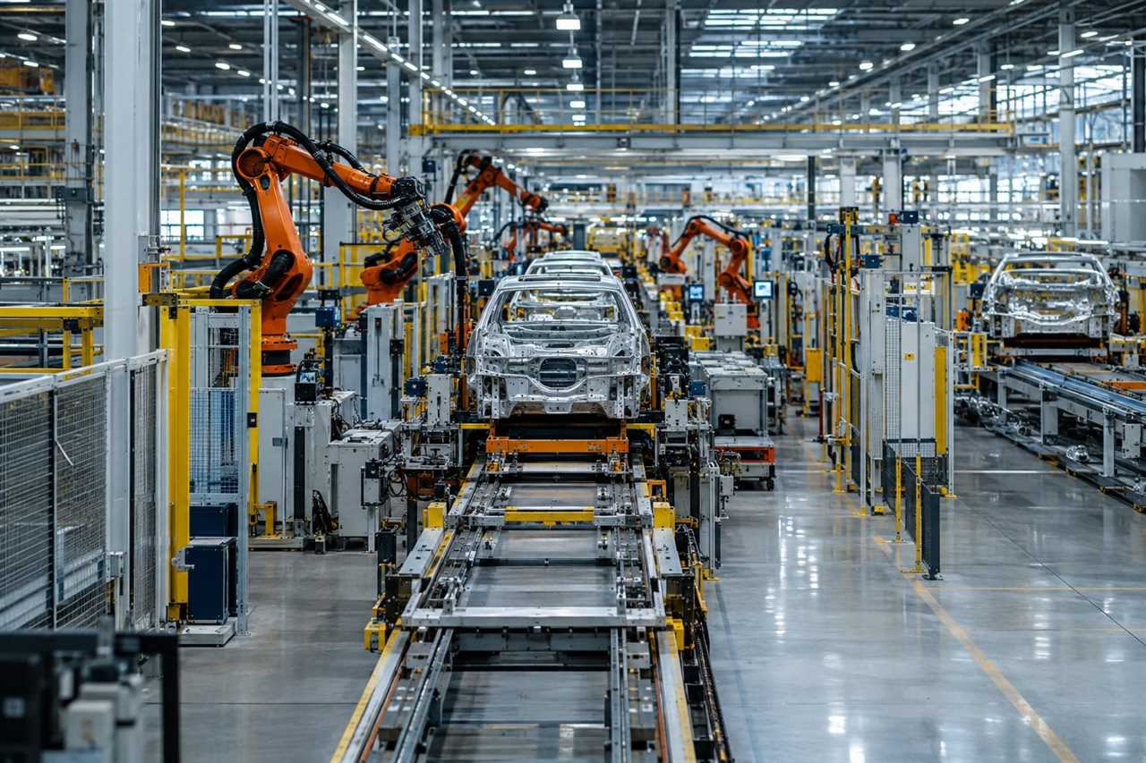 Empty auto factory floor with assembly equipment