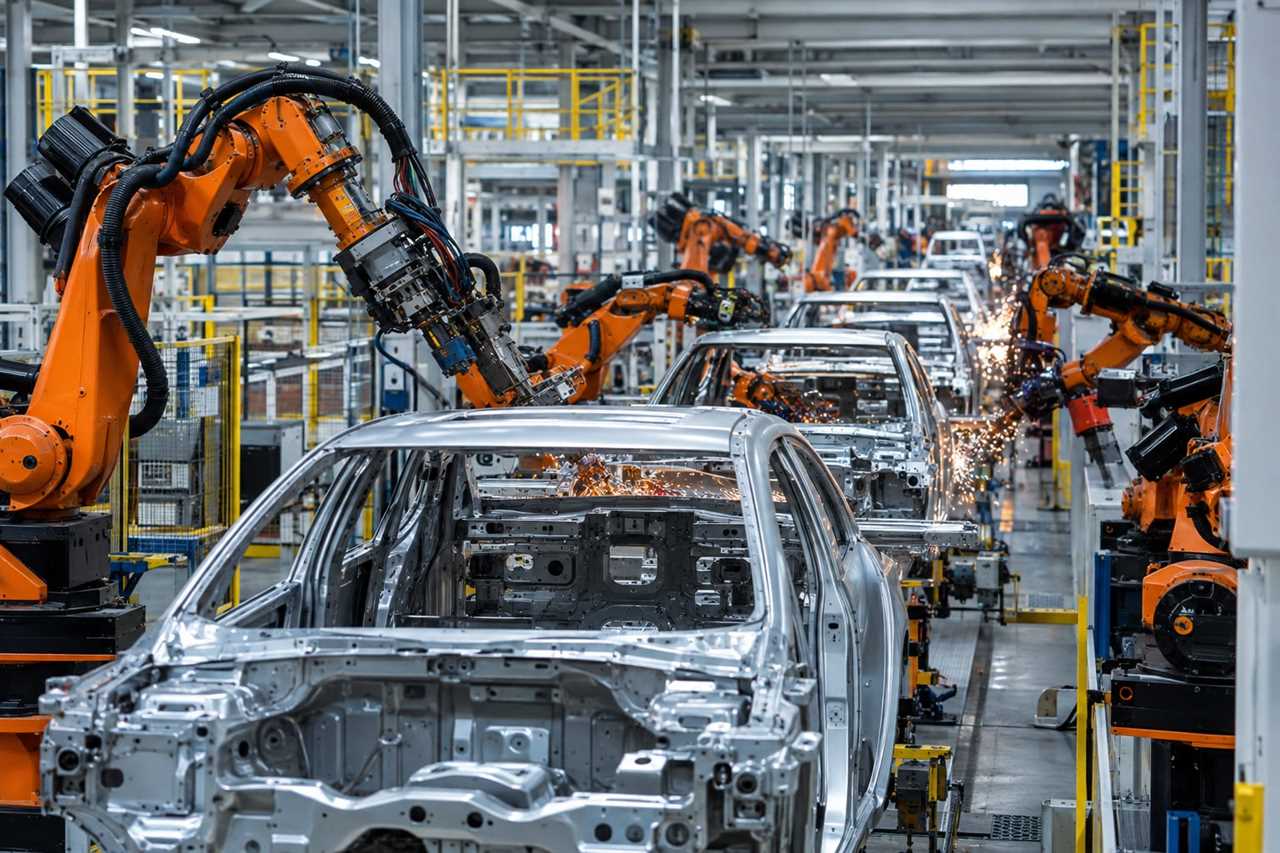 Car assembly line inside a modern manufacturing plant