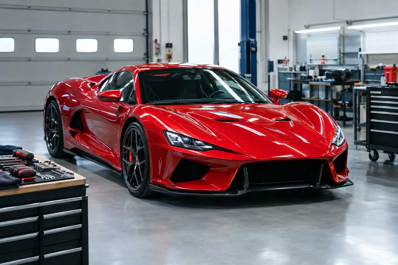 Prototype sports car in engineering workshop