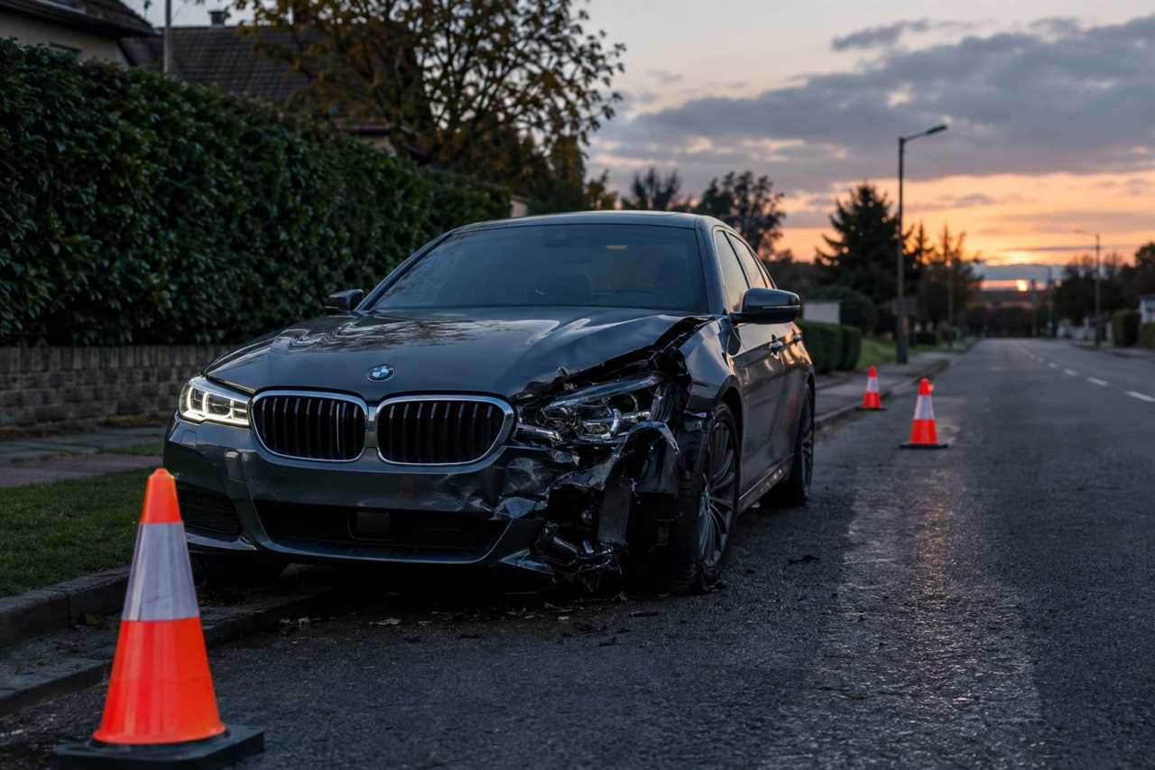 Damaged sports car parked roadside after crash