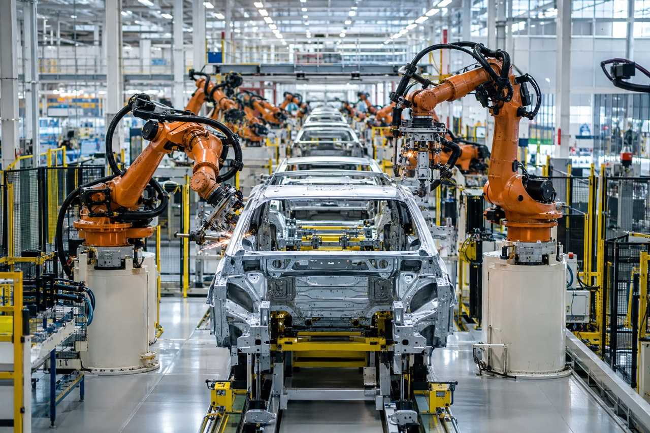 Robotic arms assemble vehicles on a factory line