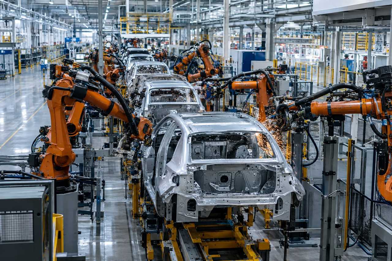 Factory assembly line building vehicle chassis