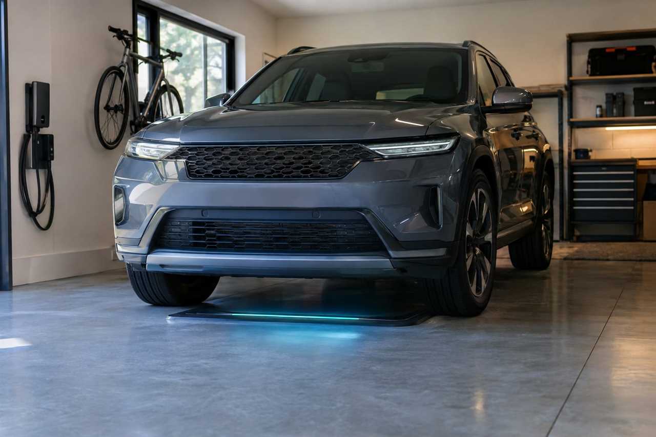 Car parked over ground-mounted wireless charging pad