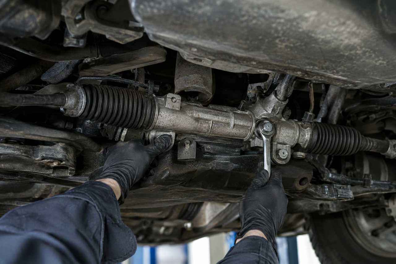 Technician inspects steering rack mounting bolts underneath SUV.