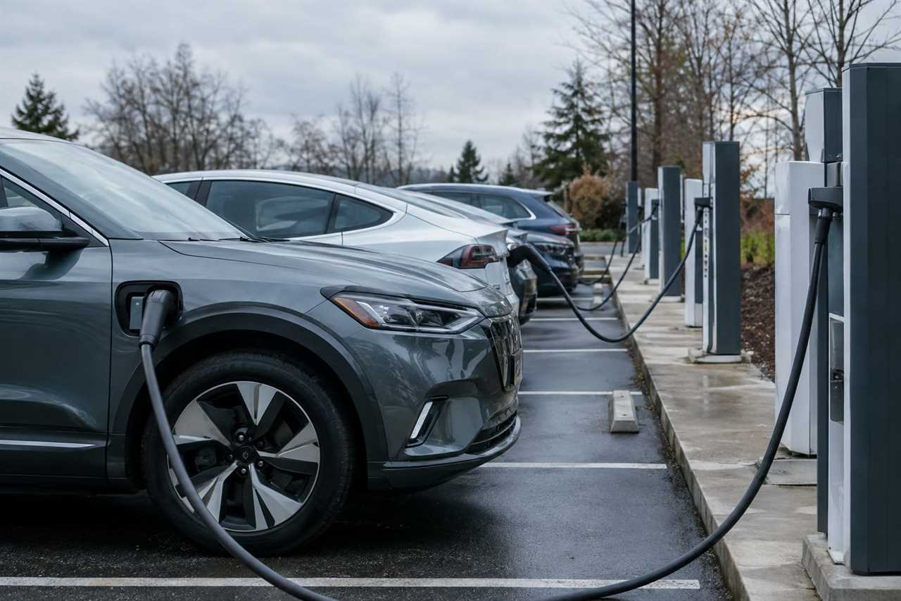 Electric vehicles charge in a quiet lot