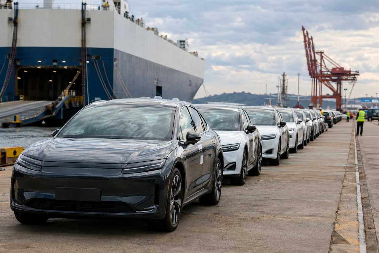 Imported electric vehicles await customs clearance at port