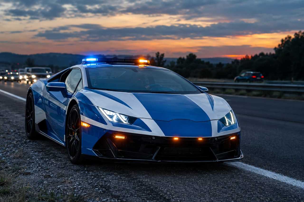 Police-liveried supercar patrols an open highway