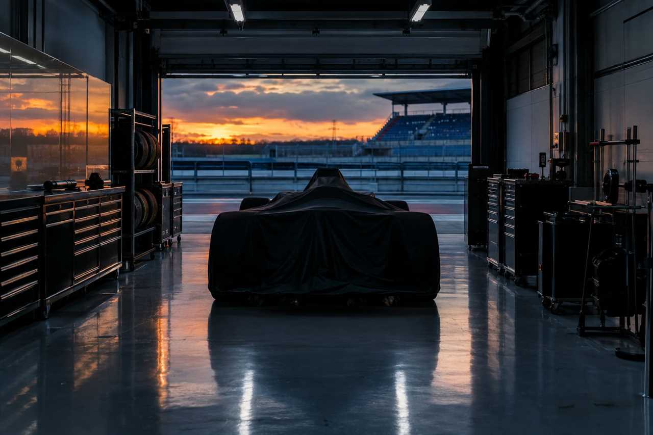 An empty pit garage awaits the next race weekend.