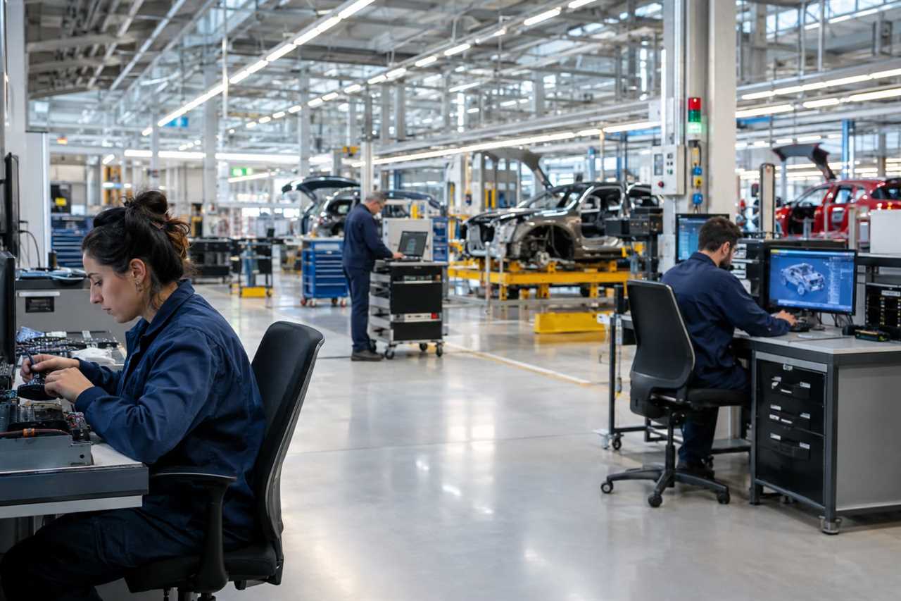 Factory staff work in isolation on the production floor.