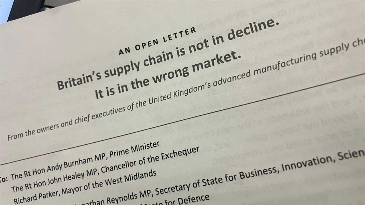 Close-up of a printed open letter titled "Britain's supply chain is not in decline. It is in the wrong market", sent by 