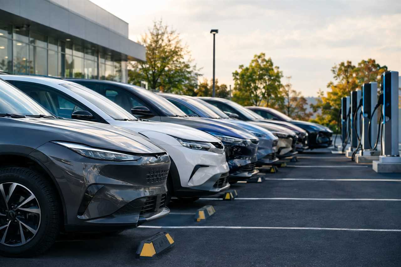 Electric vehicles lined up at a dealership