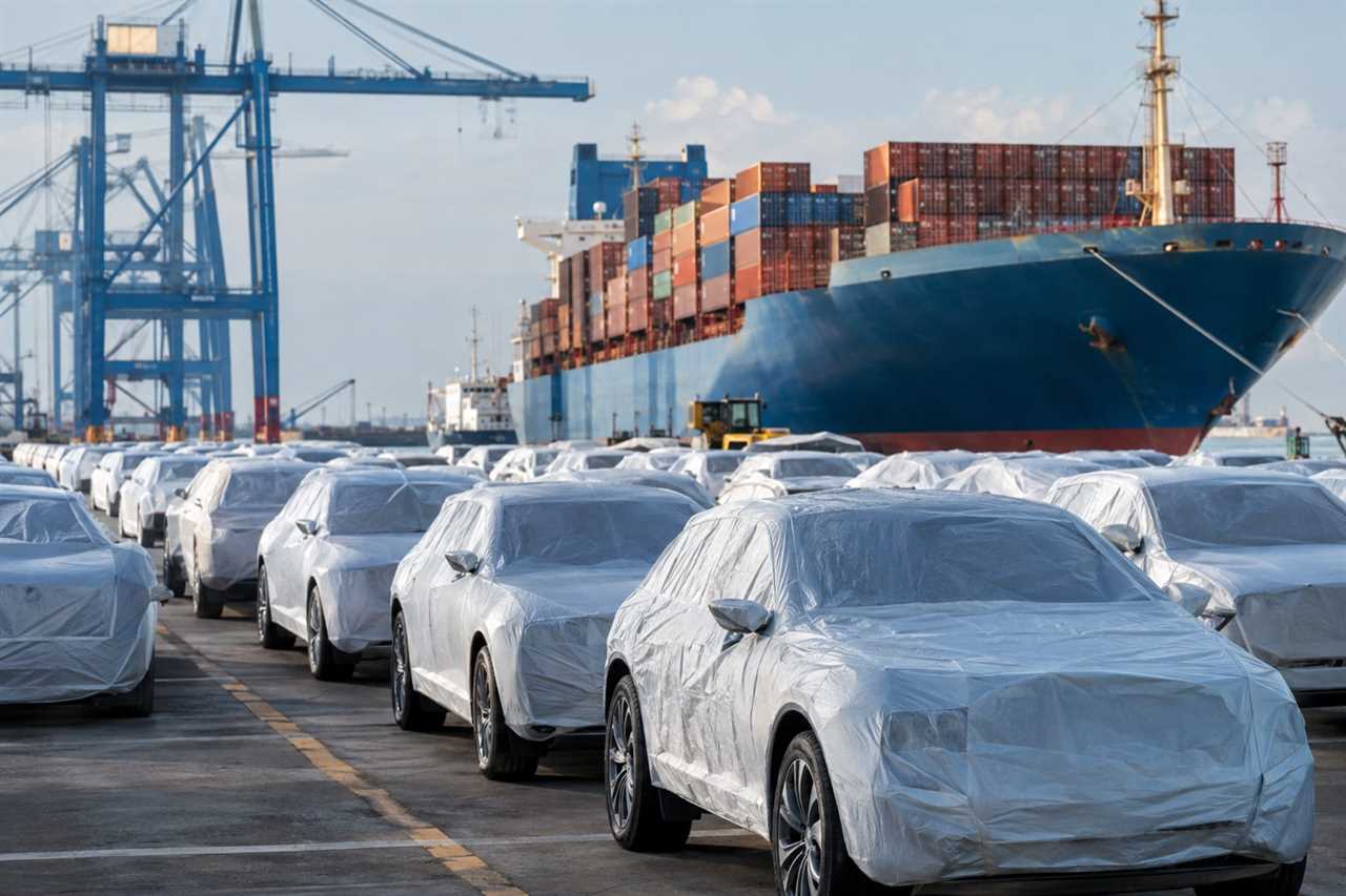 Imported luxury cars await customs clearance at port