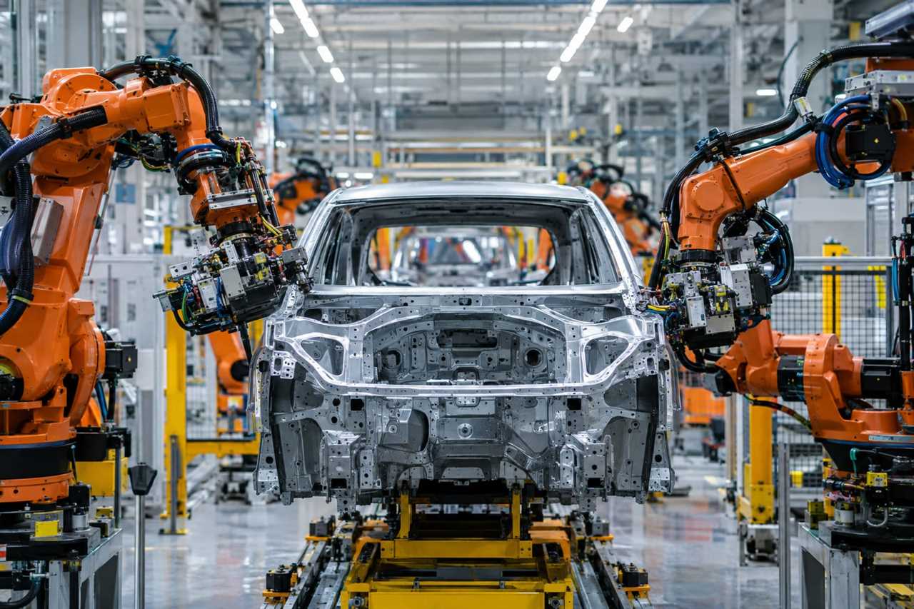 Robotic arms assemble a car chassis in a factory.