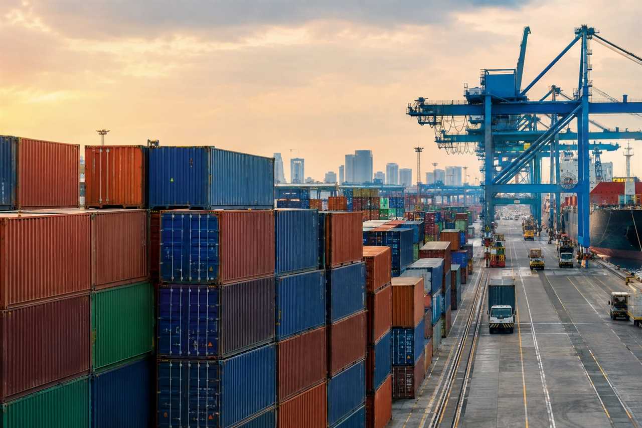 Shipping containers stacked at an industrial port.