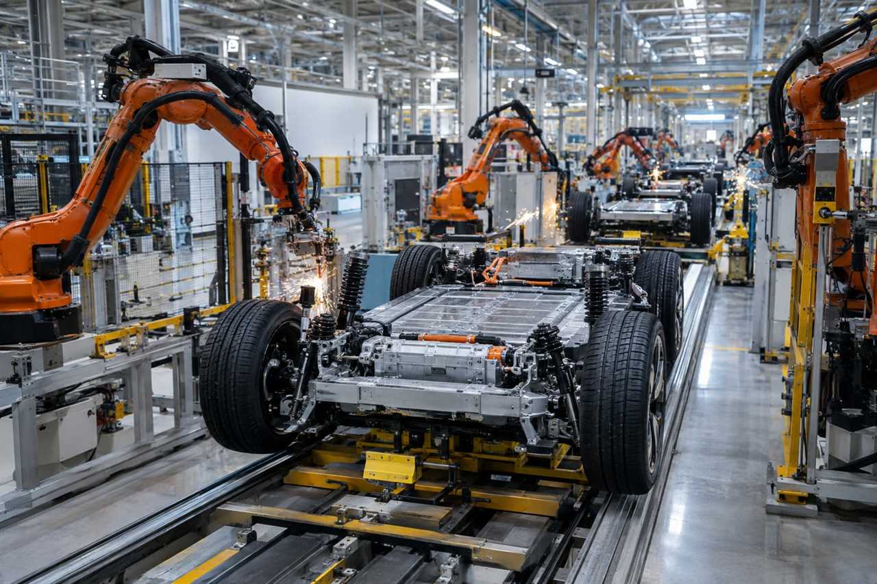Electric vehicle assembly line in a modern factory