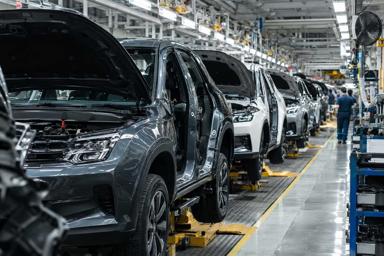 Cars on an assembly line in a factory