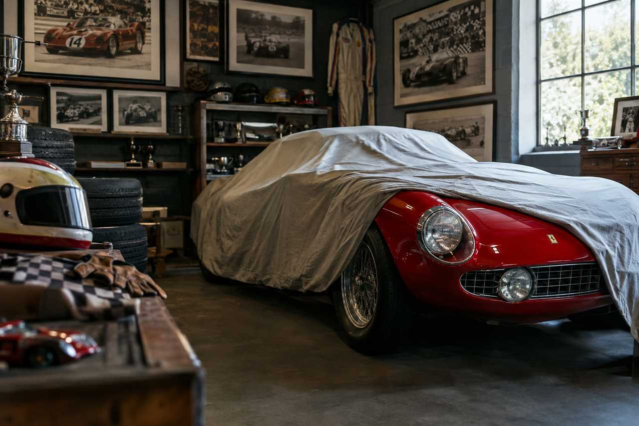 Rare classic car stored carefully in private collector's garage.