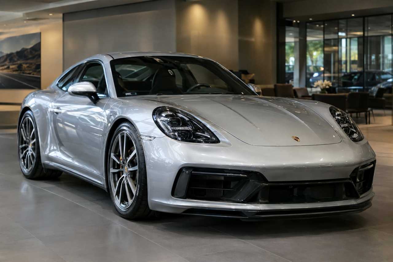 Luxury sports car in dealership showroom