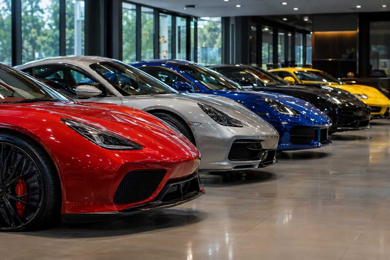 Luxury sports cars displayed in a showroom