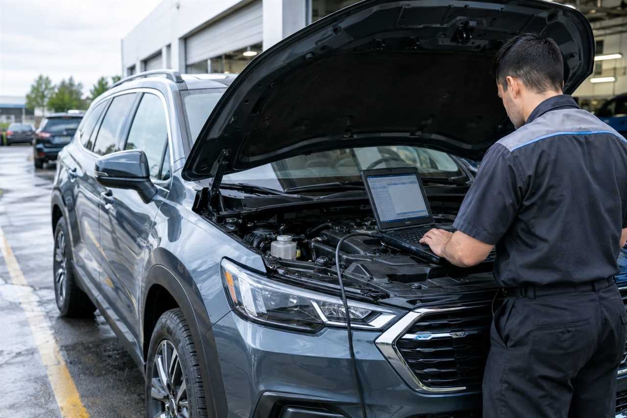 Technician runs diagnostic software update on SUV