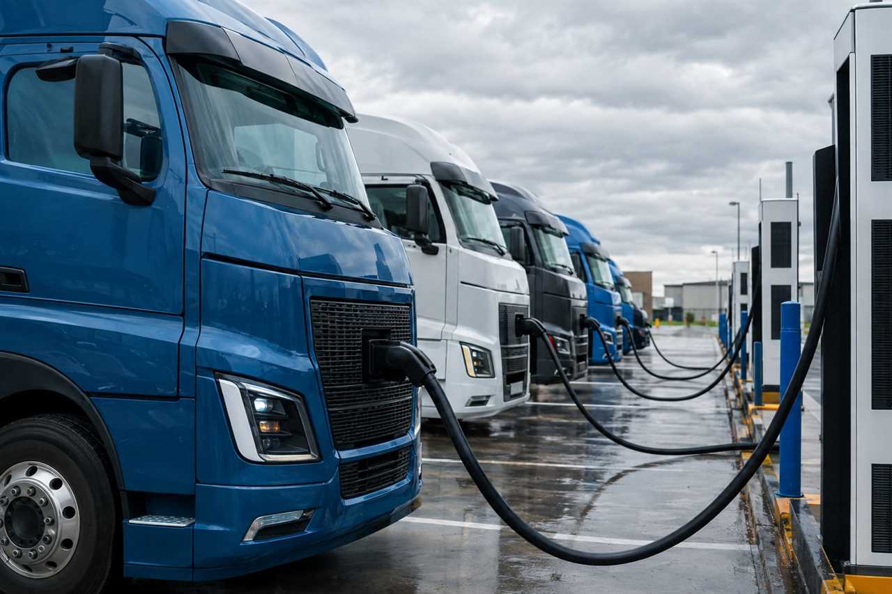 Electric semi trucks charging at a freight depot