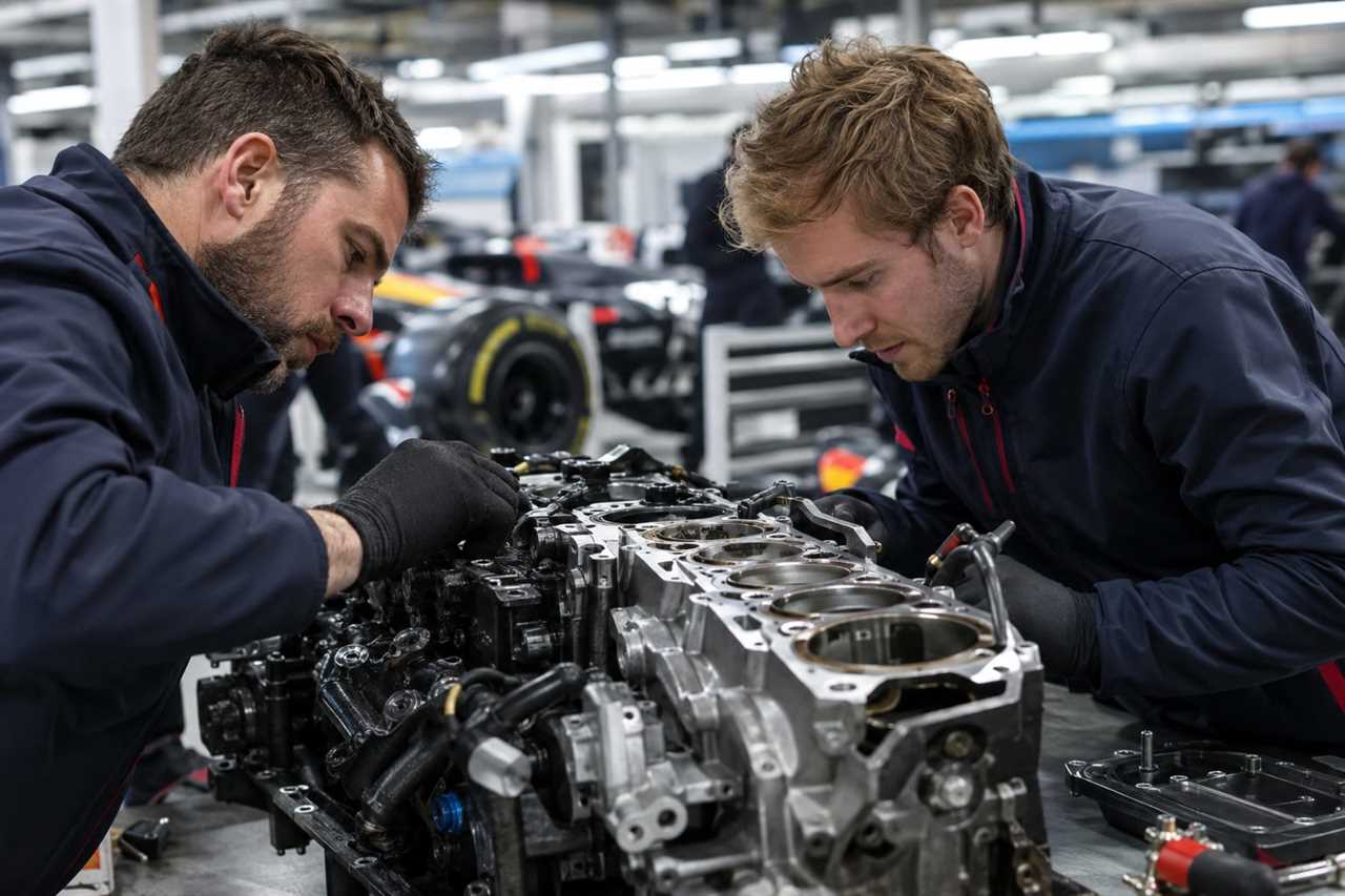 Engineers examine a dismantled power unit component.