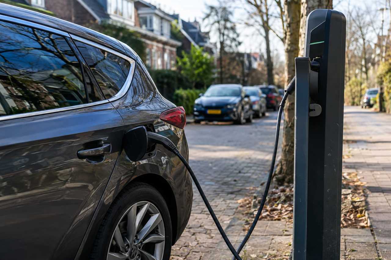Plug-in hybrid car charging at a slow street charger.