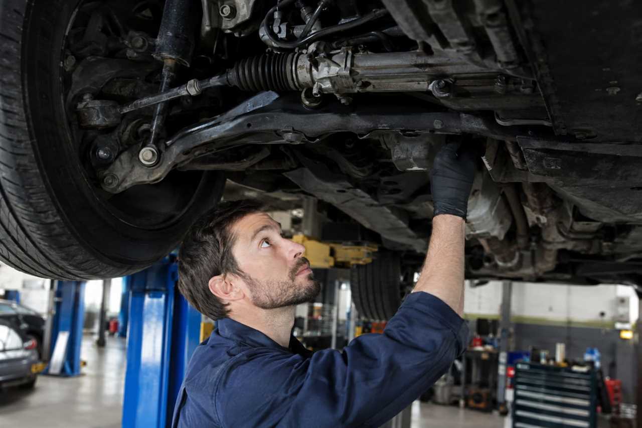 Technician examines steering components underneath a vehicle.