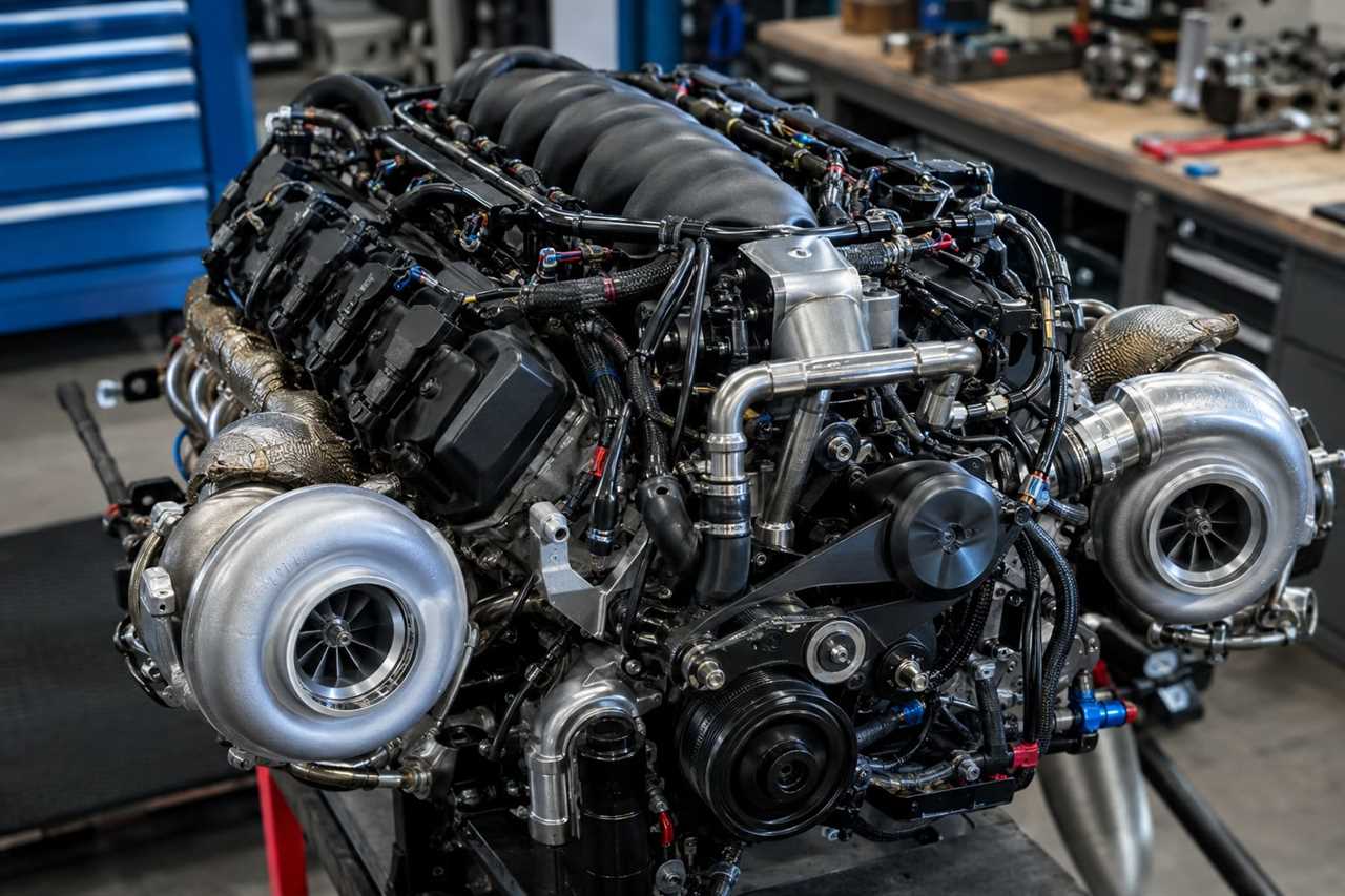 Turbocharged V8 engine bay of a supercar