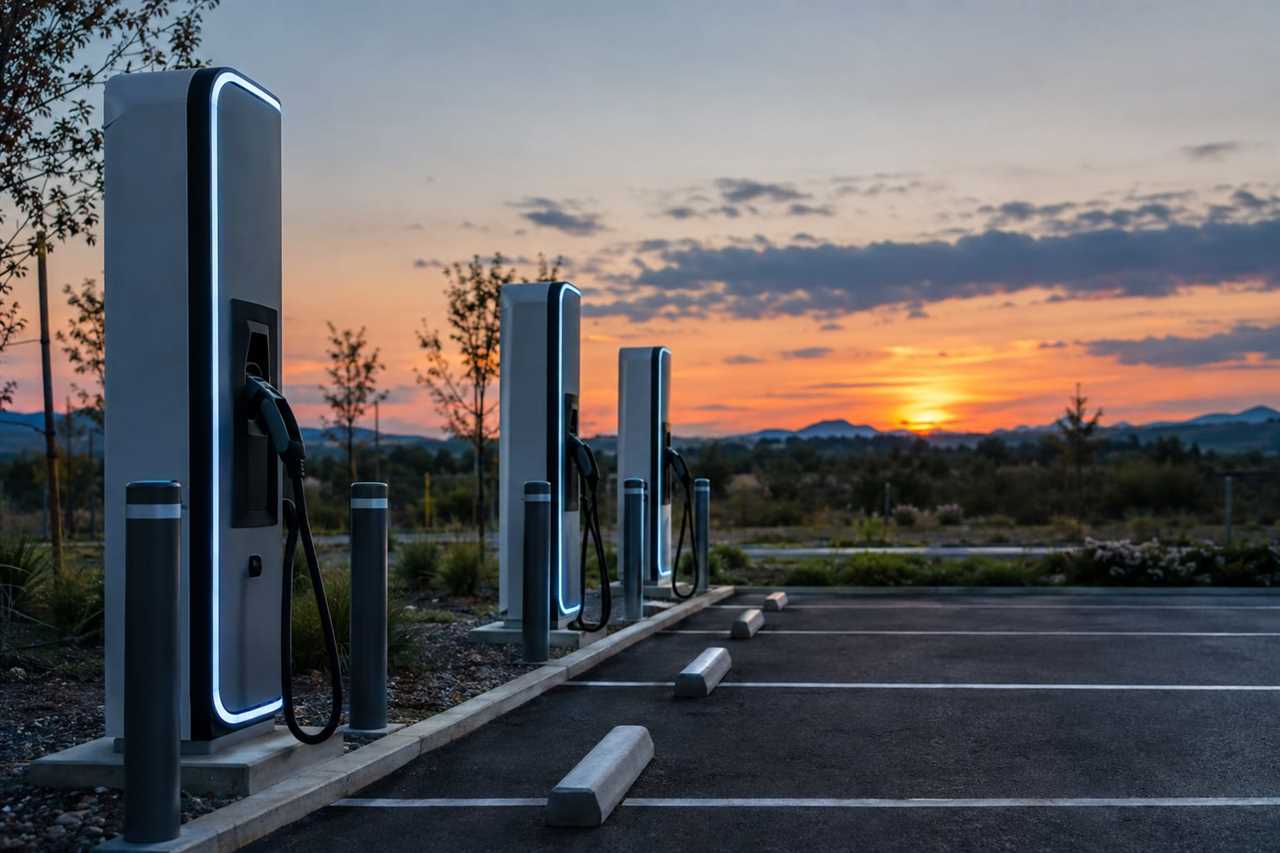Charging stations stand ready for electric vehicles.