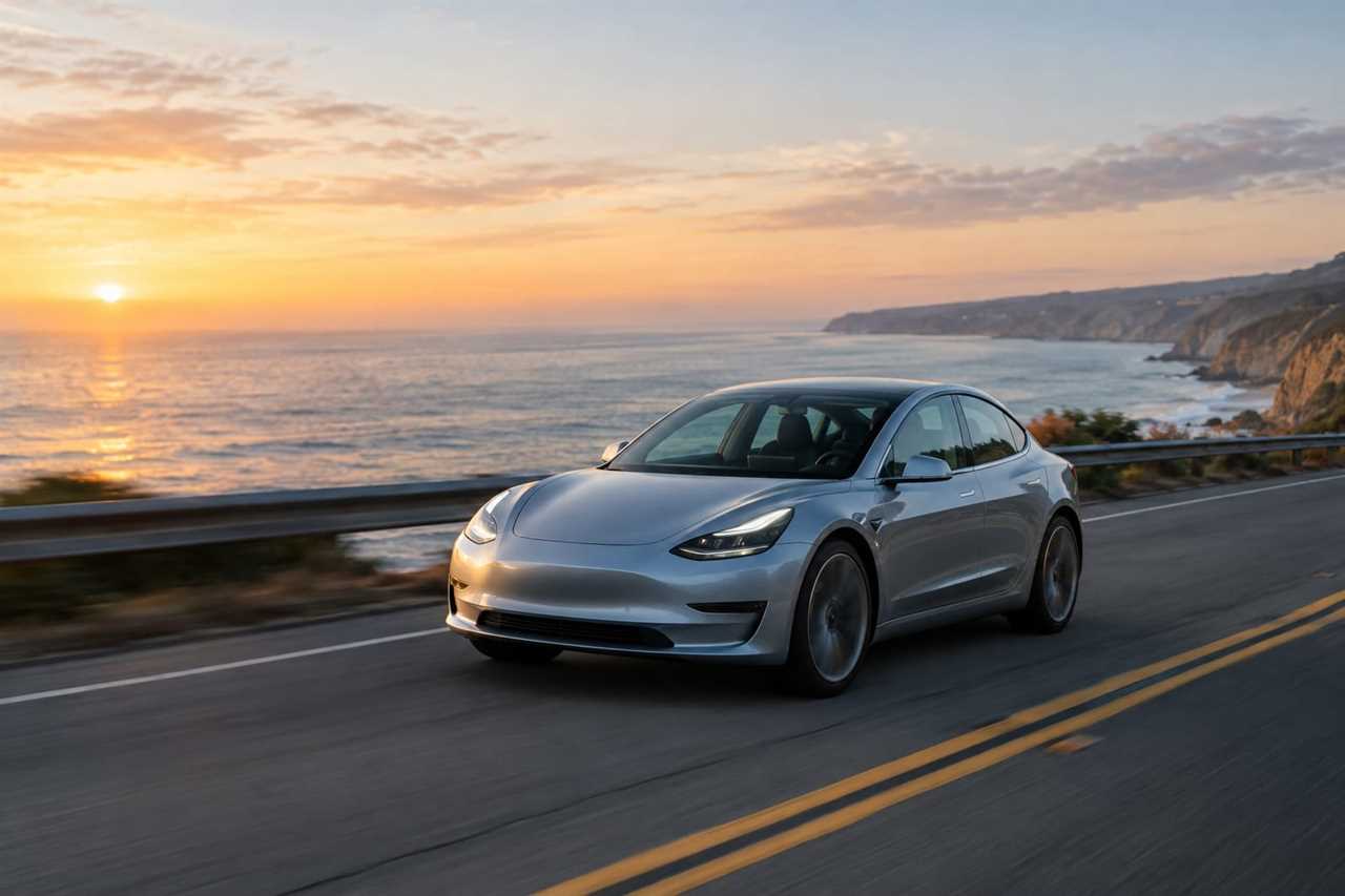 Electric sedan cruising a coastal highway at dawn