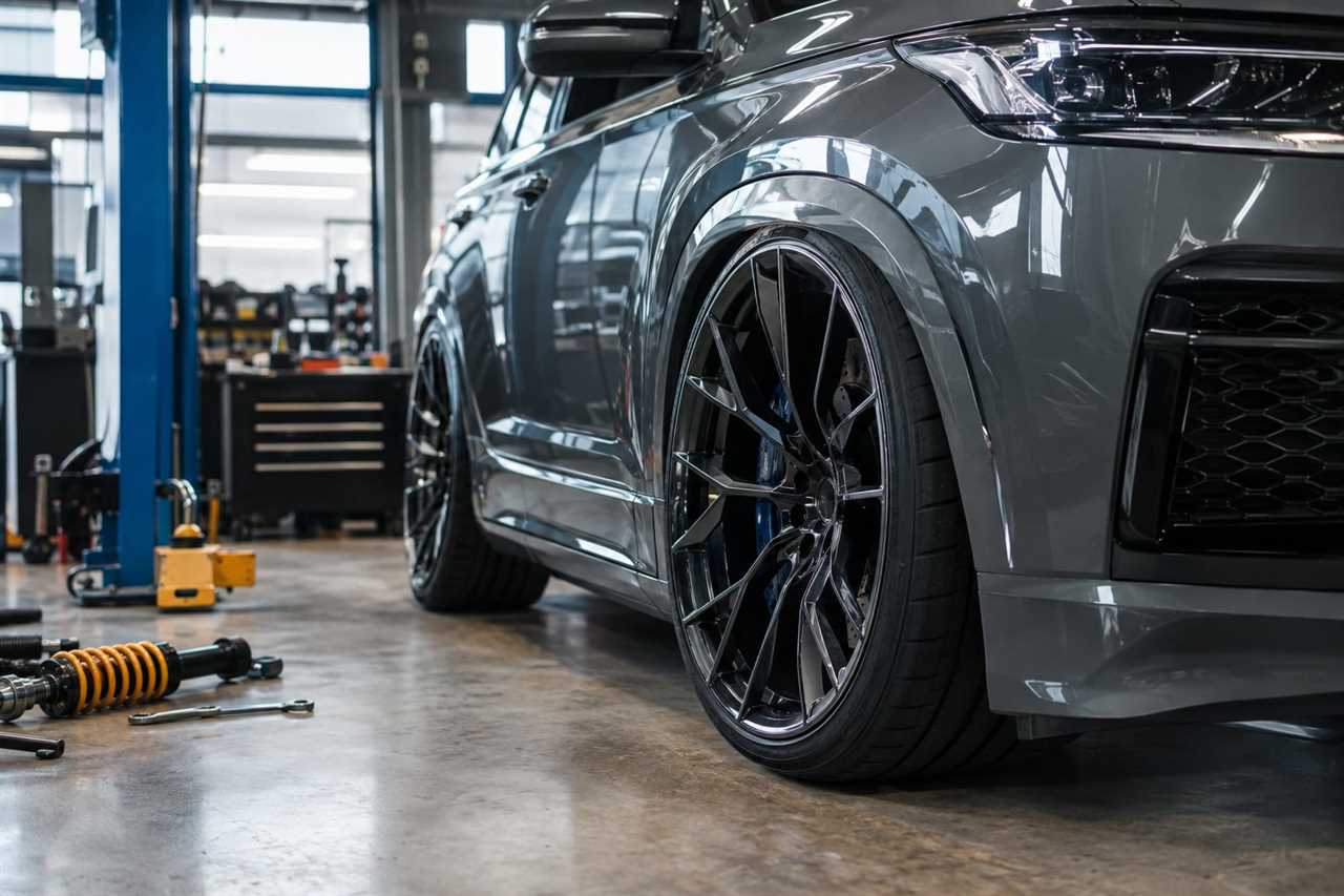 Aftermarket wheel and suspension modifications on an SUV.