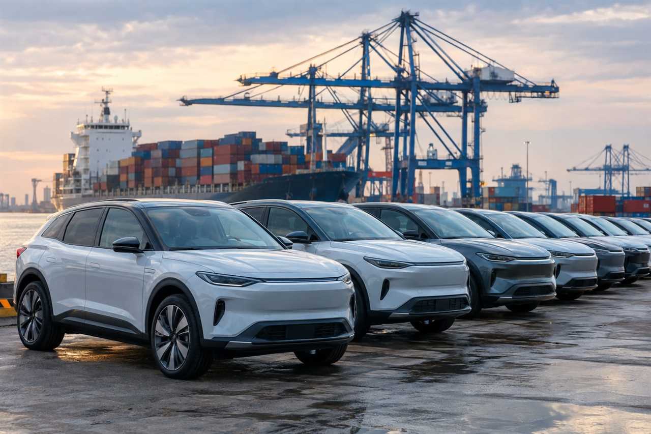 Electric vehicles awaiting export at a busy port