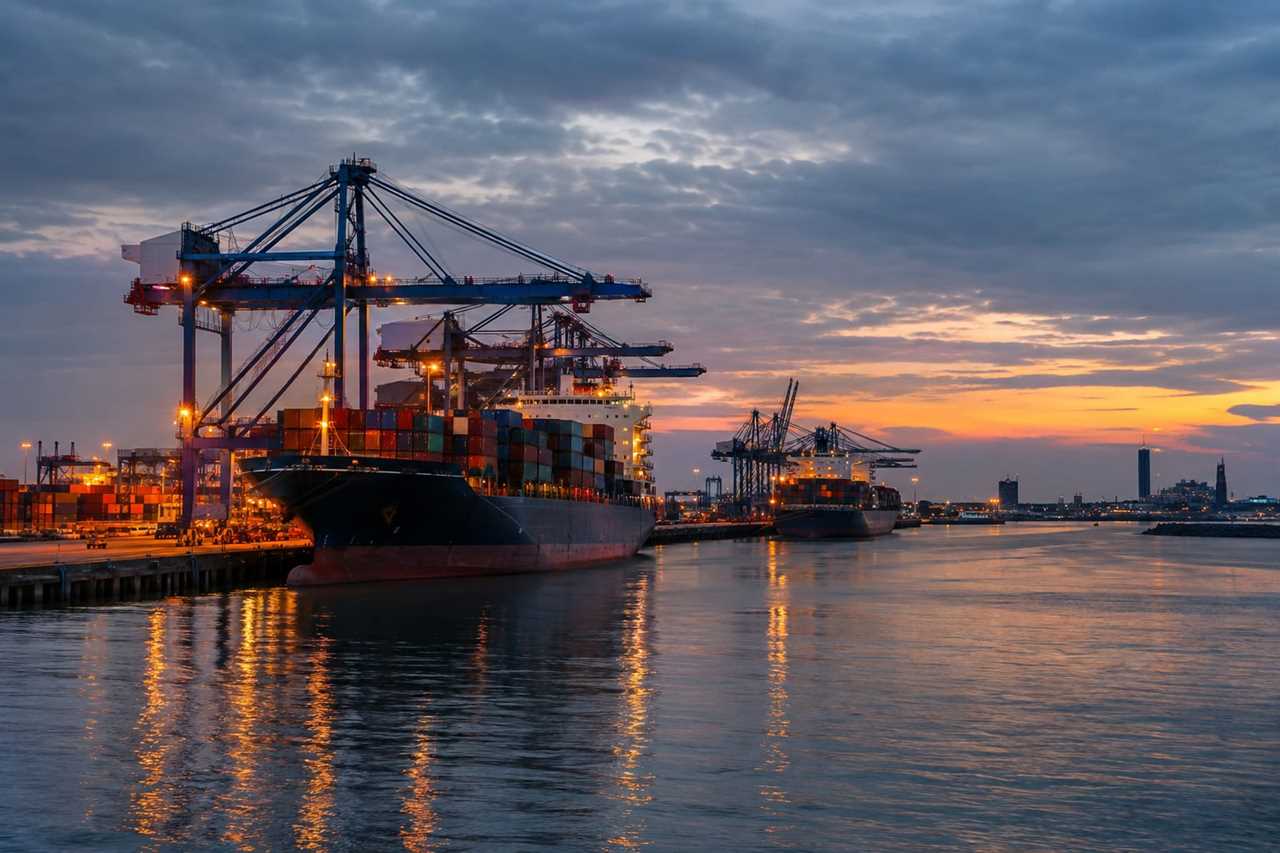 Cargo ships docked at a UK trade port