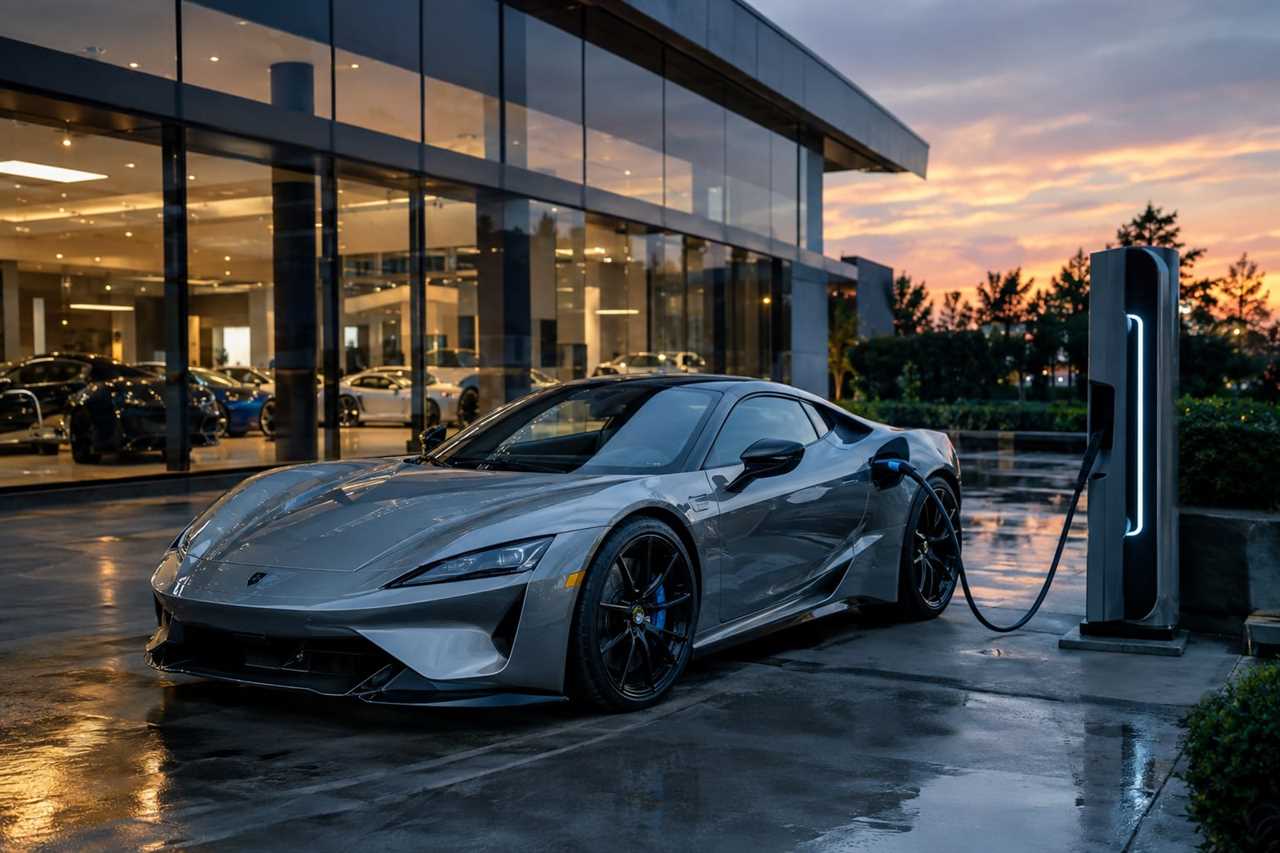 Hybrid supercar charging outside dealership