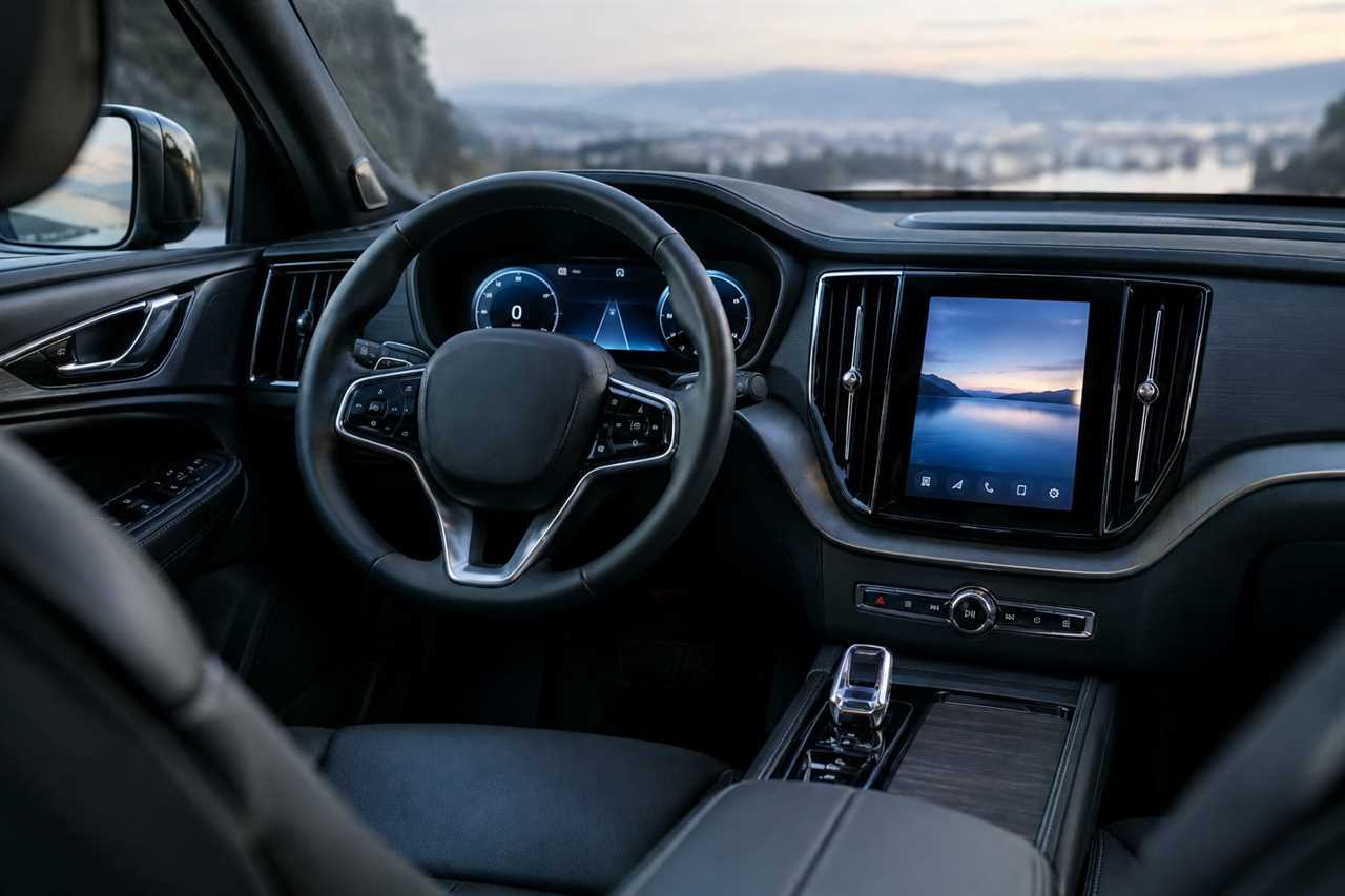 Modern car interior with digital displays.