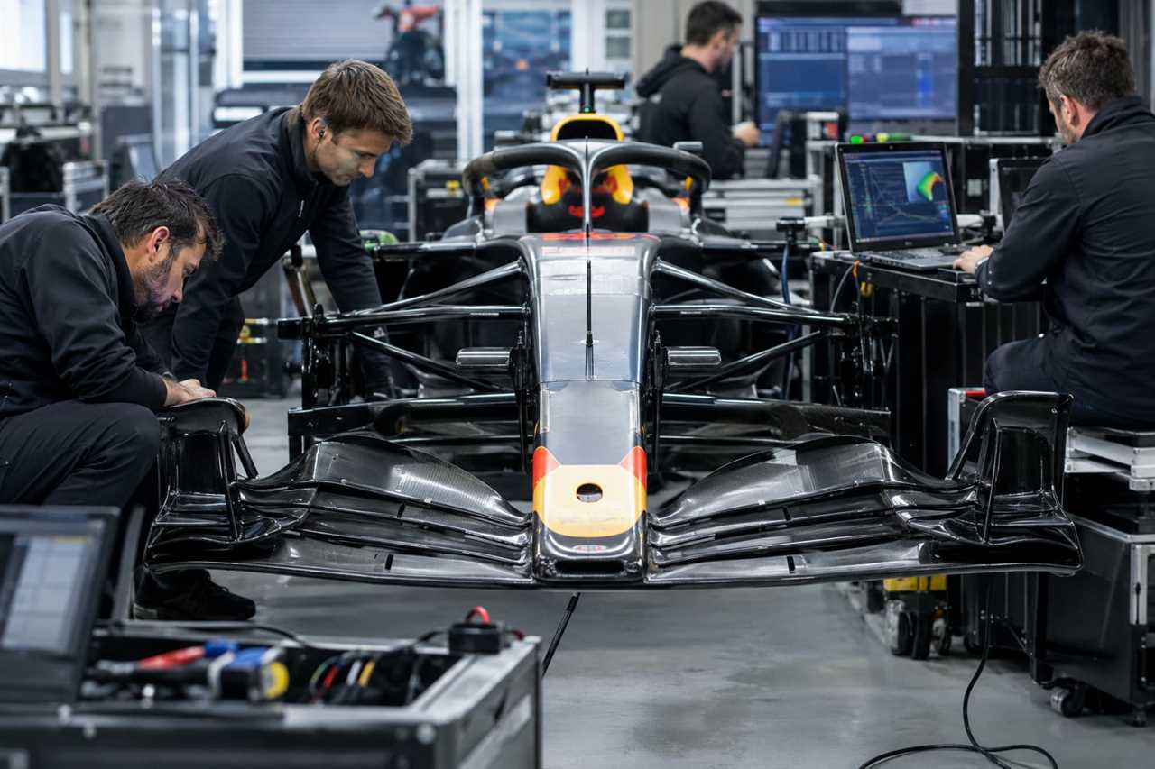 Engineers inspect car parts in team garage