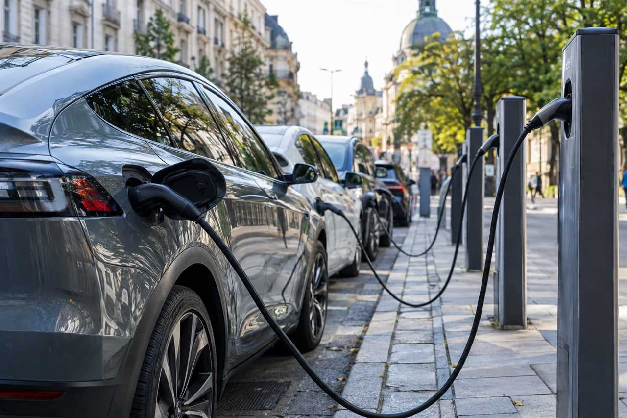 Electric vehicles charge in an overseas city