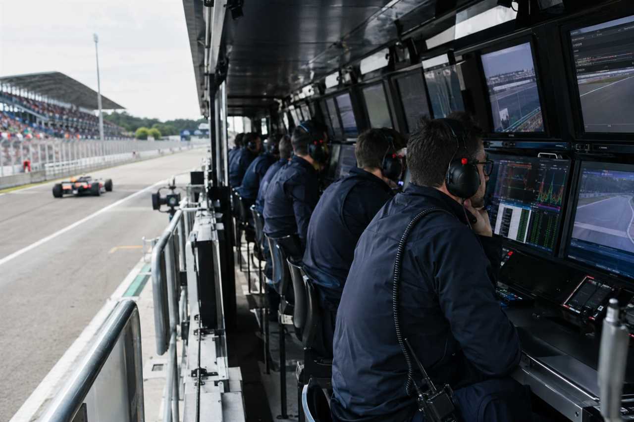 Team engineers monitor radio and telemetry at pit wall.
