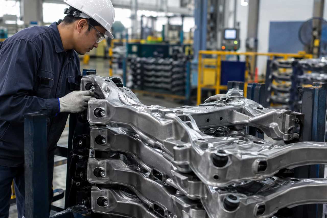 Metal subframe parts awaiting quality inspection at a forging plant.