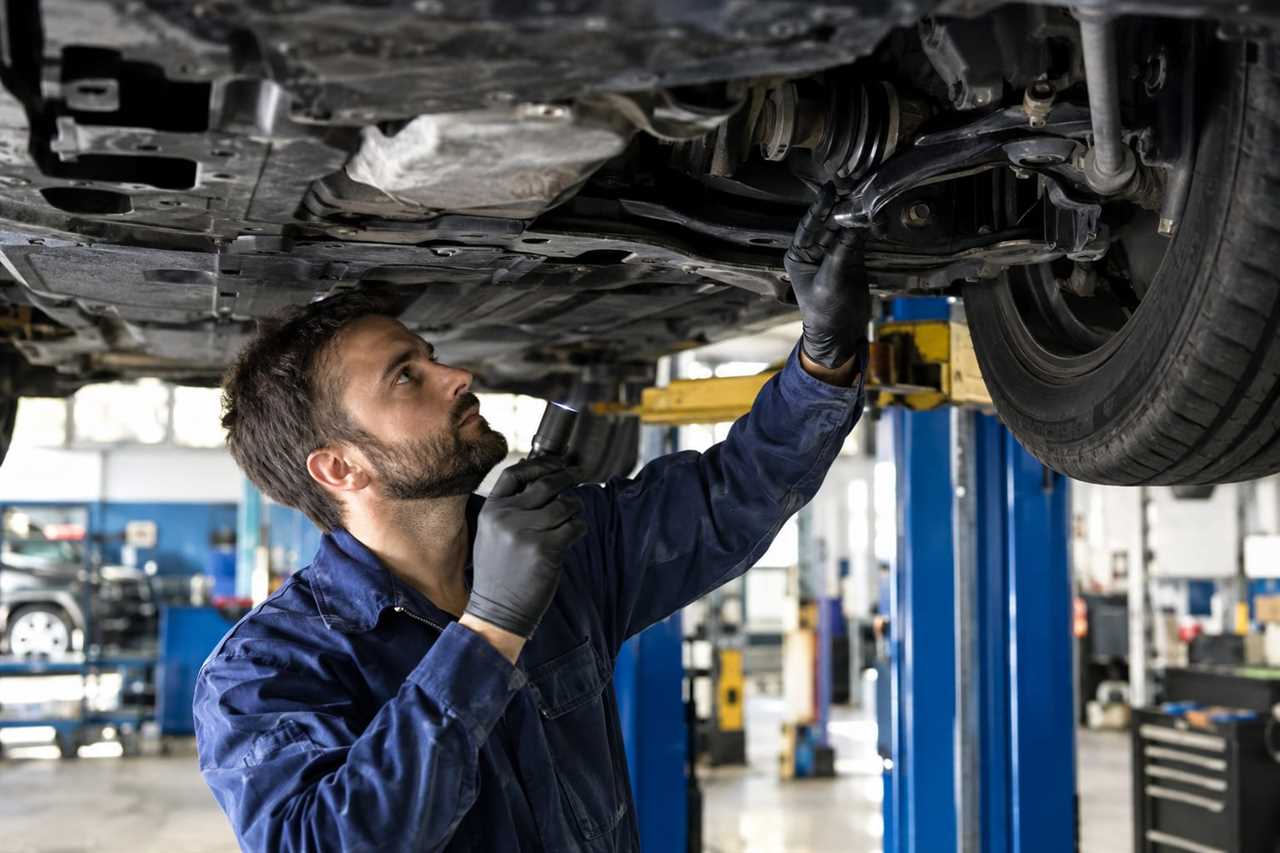 Mechanic examines a vehicle's underside suspension on a lift.