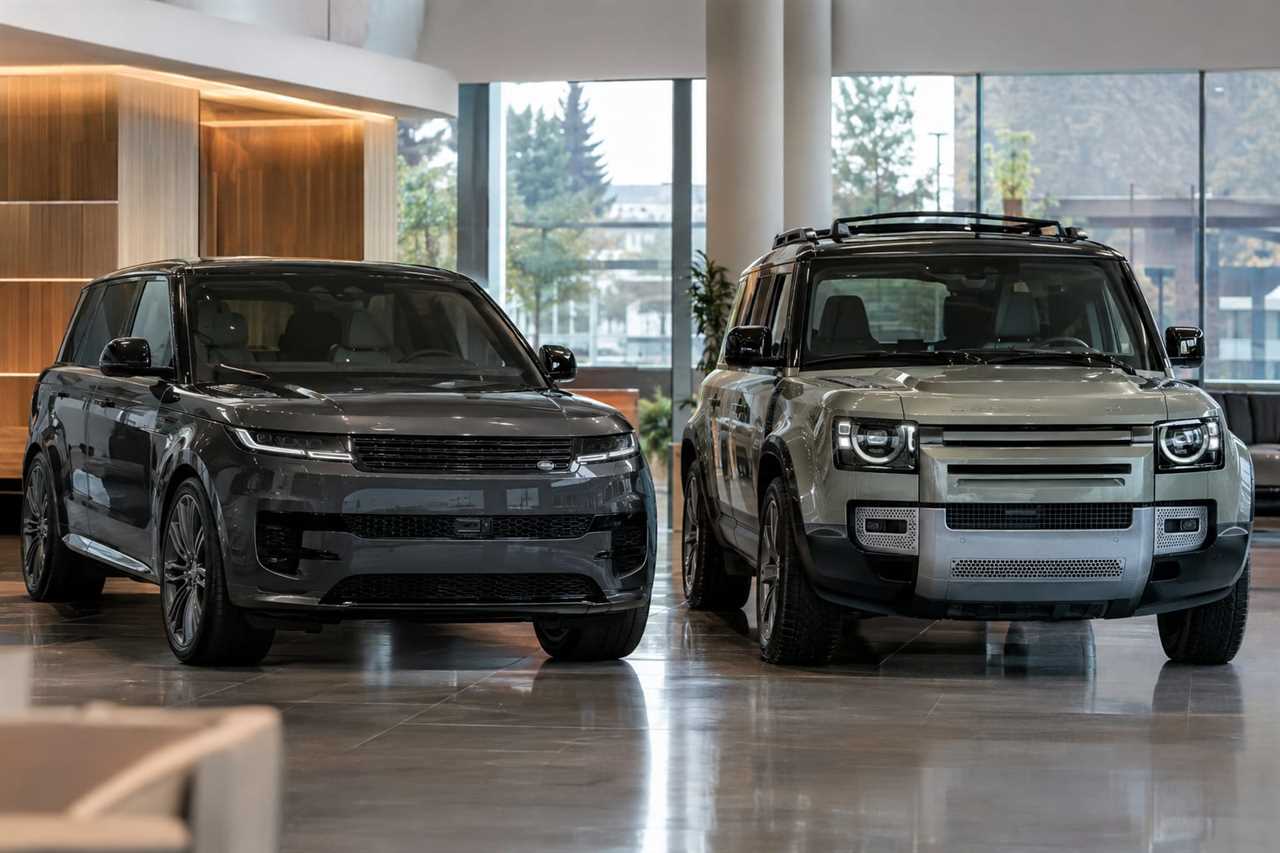 Range Rover and Defender models displayed in showroom