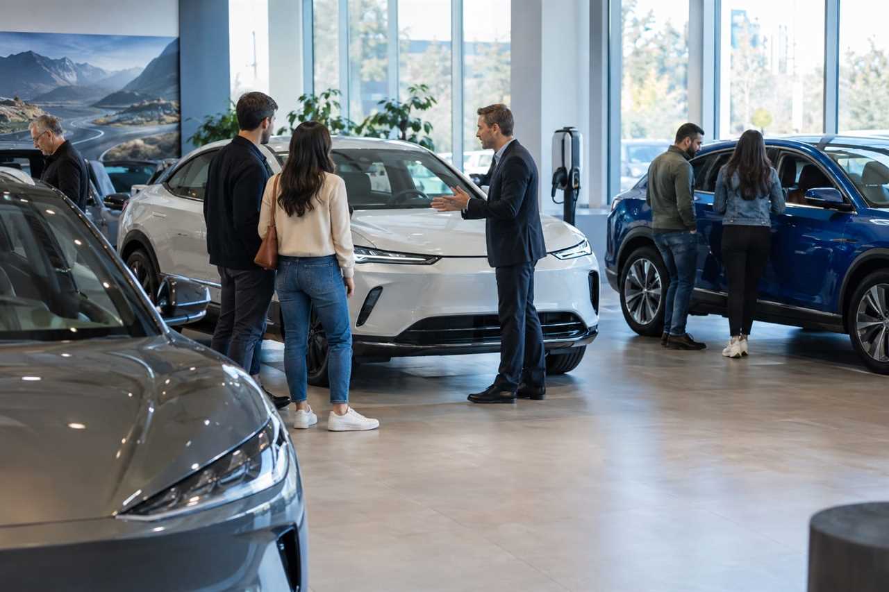 New electric cars displayed in dealership showroom