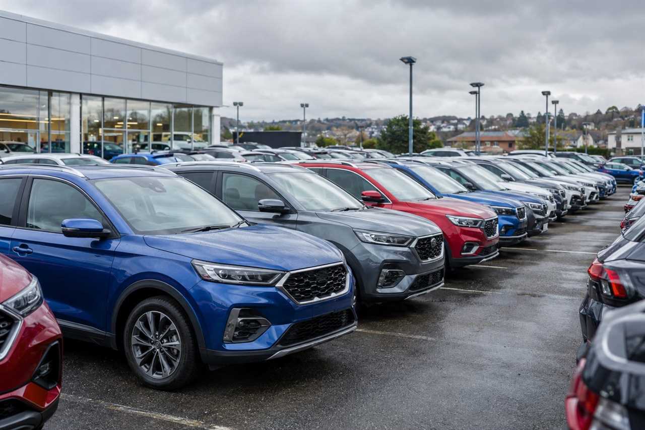 Dealership lot displaying rows of new SUVs