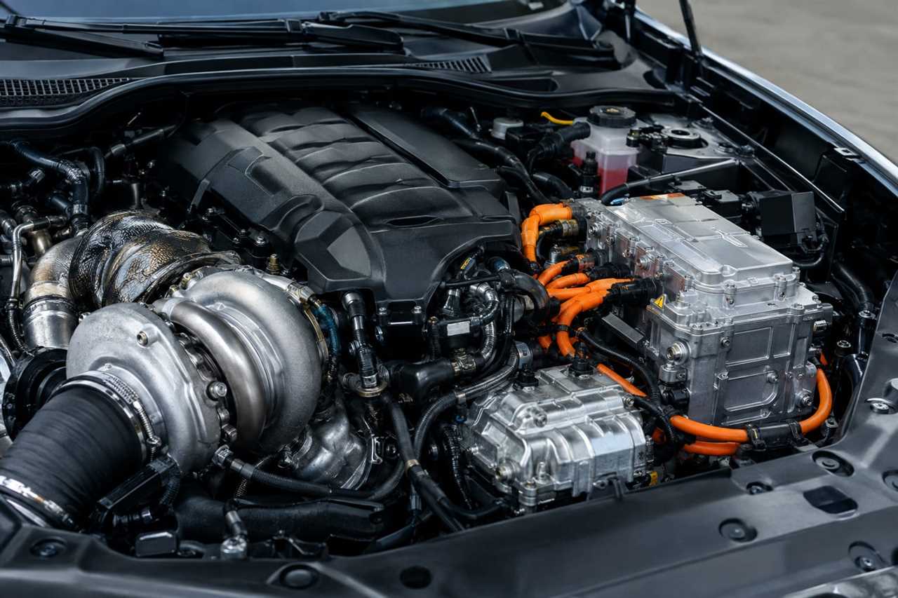 Hybrid supercar engine bay close-up