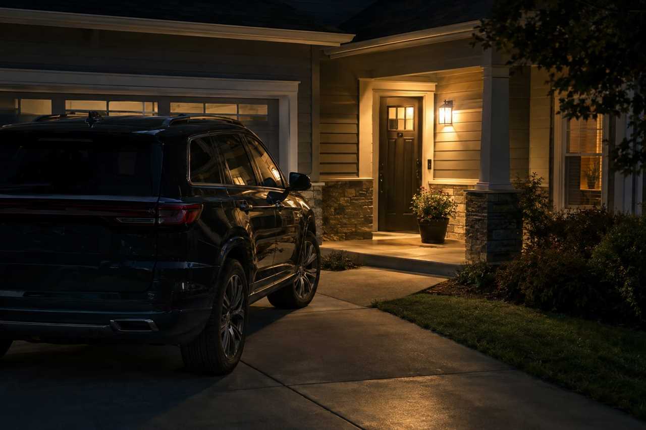 Vehicle parked in a well-lit, secure driveway