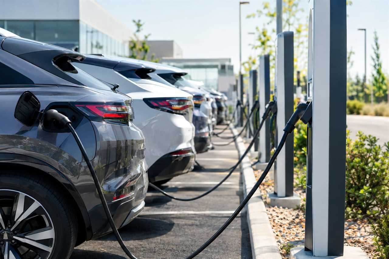 Electric vehicles charge at a dealership lot.